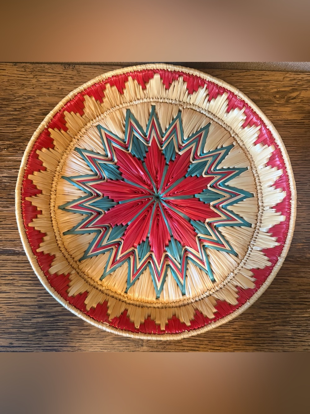 Handwoven Decorative Woven Basket - Red & Teal Starburst